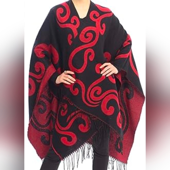 Women Open Front Poncho Ruana Knit Cardigan Sweater Shawl Wrap Blanket Fringe - Picture 3 of 6